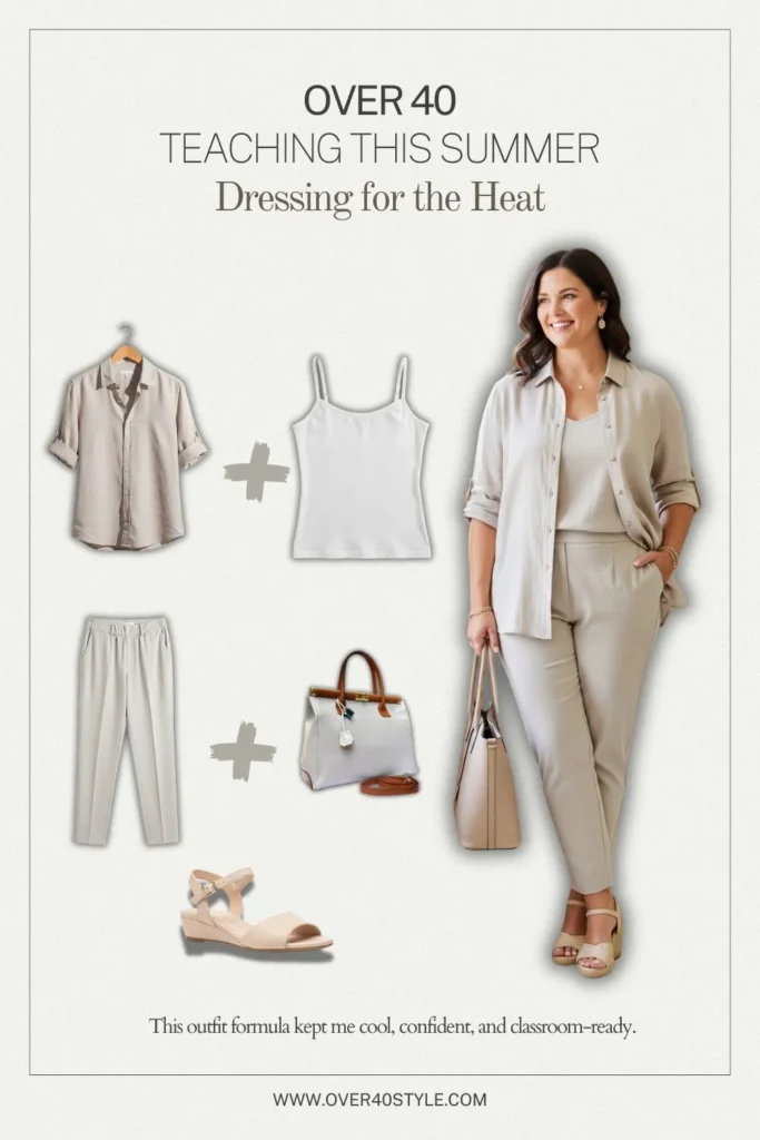 7 Summer Outfits That Work for Plus-Size Teachers Over 40 Plus-size woman over 40 wearing a breathable summer teaching outfit: linen shirt, tapered trousers, cotton cami, low wedge sandals, and a structured tote bag. Standing confidently in a classroom setting.