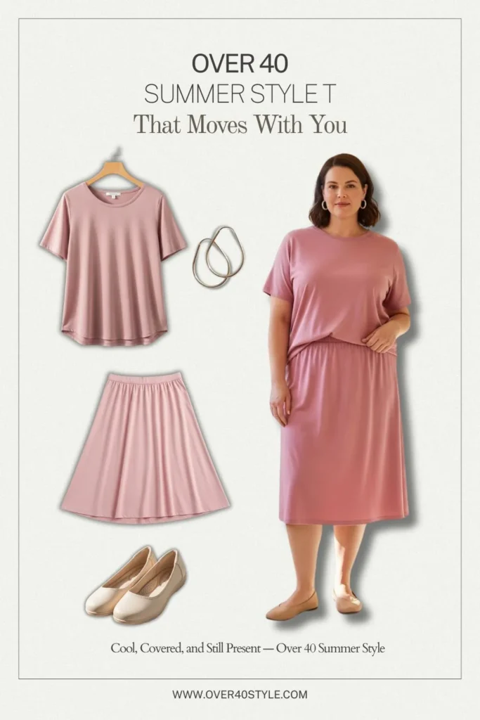 7 Summer Outfits That Work for Plus-Size Teachers Over 40 Plus-size woman over 40 wearing a breathable dusty rose summer top and a stretch midi skirt, with cooling slip shorts, cushioned flats, and simple earrings. Standing in a naturally lit school hallway, dressed for a real summer teaching day.