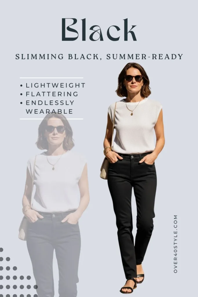 15 Best Jeans for Women Over 40 That Truly Work Best black jeans for women over 40 for summer — lightweight and breathable slim-fit denim styled with a sleeveless blouse and sandals for a clean, flattering warm-weather look.