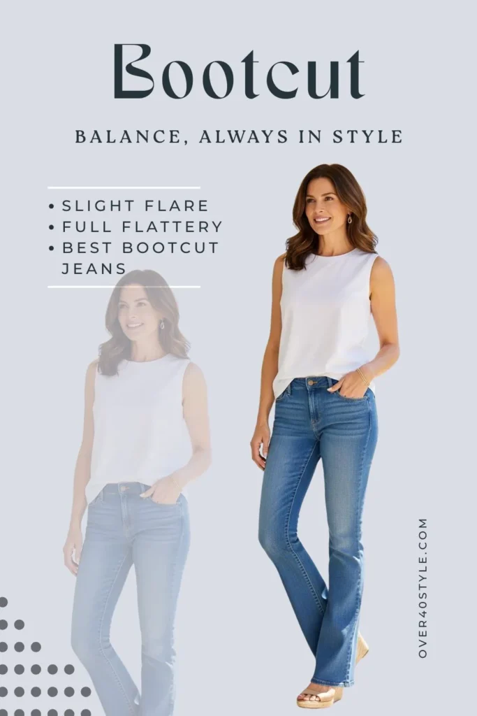 15 Best Jeans for Women Over 40 That Truly Work Best bootcut jeans for women over 40 — flattering summer denim with a gentle flare, styled with a tucked-in blouse and sandals for a leg-lengthening effect.