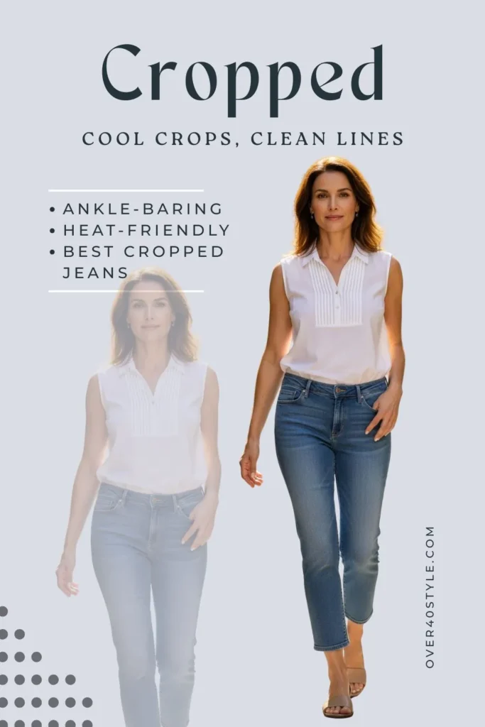 15 Best Jeans for Women Over 40 That Truly Work Best cropped jeans for women over 40 — ankle-length denim styled with sandals and a breezy blouse, perfect for cool comfort and effortless summer outfits.