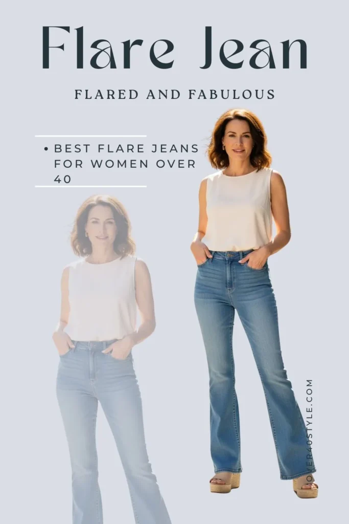 15 Best Jeans for Women Over 40 That Truly Work Best flare jeans for women over 40 — fitted denim with a dramatic wide hem, styled with summer sandals and a tucked-in blouse for lengthening and movement.