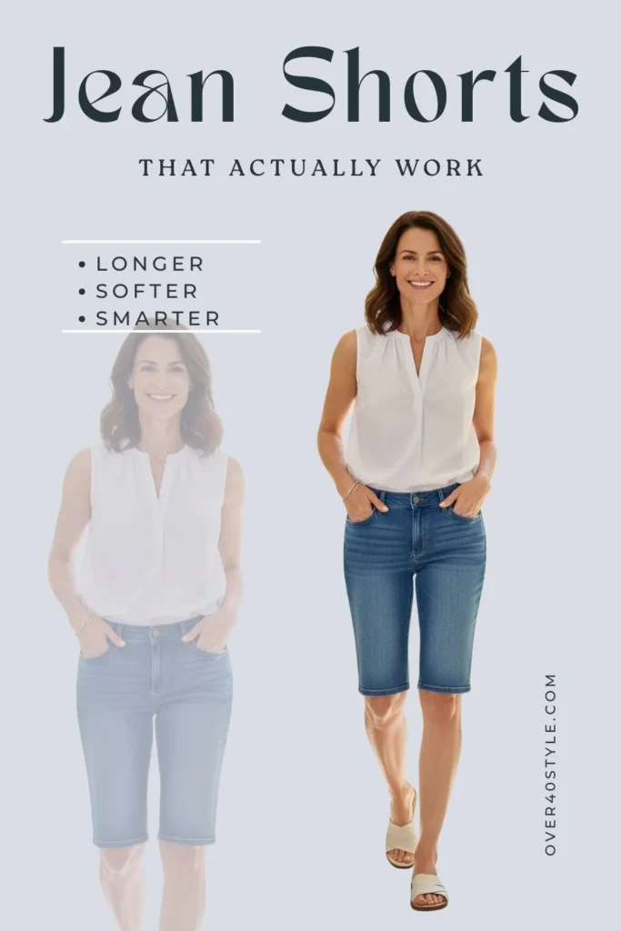 15 Best Jeans for Women Over 40 That Truly Work Best jean shorts for women over 40 — mid-thigh denim shorts styled with a sleeveless summer top and sandals, offering comfort, confidence, and a flattering warm-weather fit.