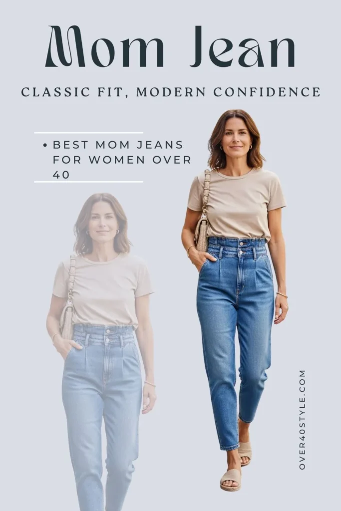 15 Best Jeans for Women Over 40 That Truly Work Best mom jeans for women over 40 — high-rise structured denim styled with a tucked-in summer top and sandals, offering support, shape, and everyday comfort.