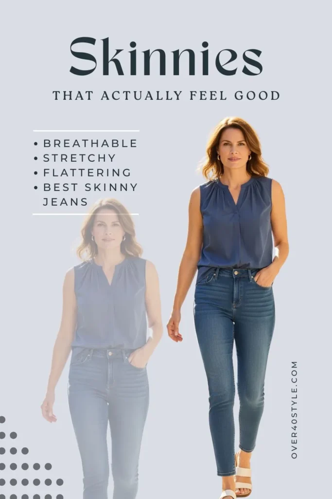 15 Best Jeans for Women Over 40 That Truly Work Best skinny jeans for women over 40 for summer lightweight stretch denim styled with a sleeveless top and sandals, perfect for staying cool and confident in warm weather.