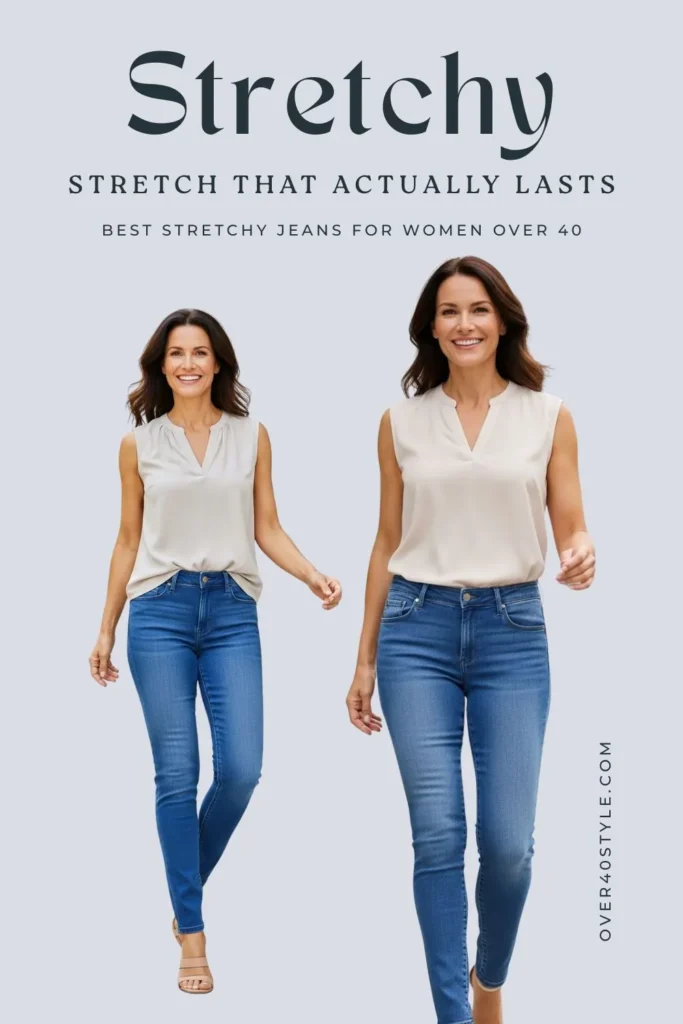 15 Best Jeans for Women Over 40 That Truly Work Best stretchy jeans for women over 40 — soft but sculpting denim with reliable stretch and structure, styled for all-day summer comfort and real movement.