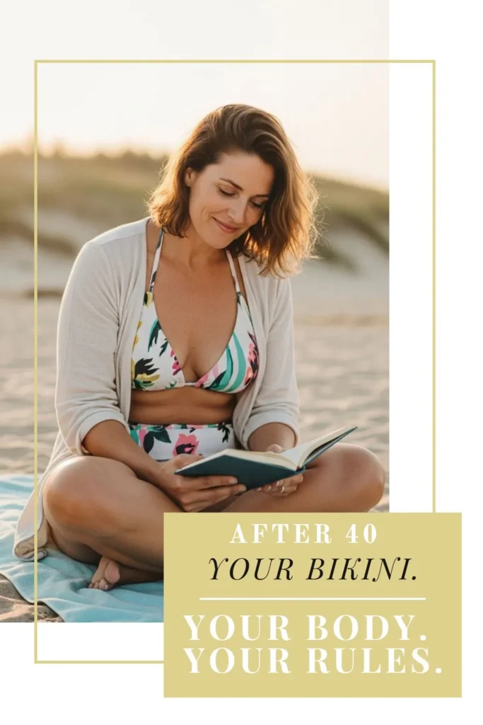 The Best Bikinis for Women Over 40 | Flattering, Confident & Stylish Woman over 40 in a tasteful bikini with a light cover-up, sitting on the beach with a soft smile and relaxed posture, symbolizing confidence and self-acceptance.