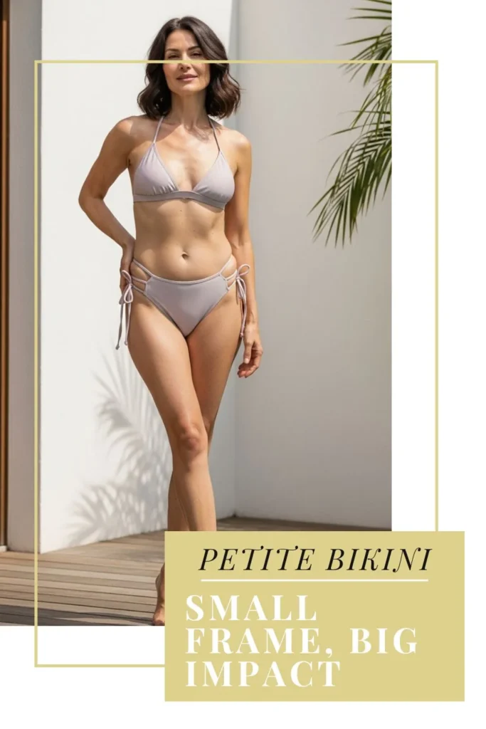 The Best Bikinis for Women Over 40 | Flattering, Confident & Stylish Petite woman over 40 in a triangle top and high-cut bikini, standing confidently on a garden terrace, showing flattering swimwear for small frames