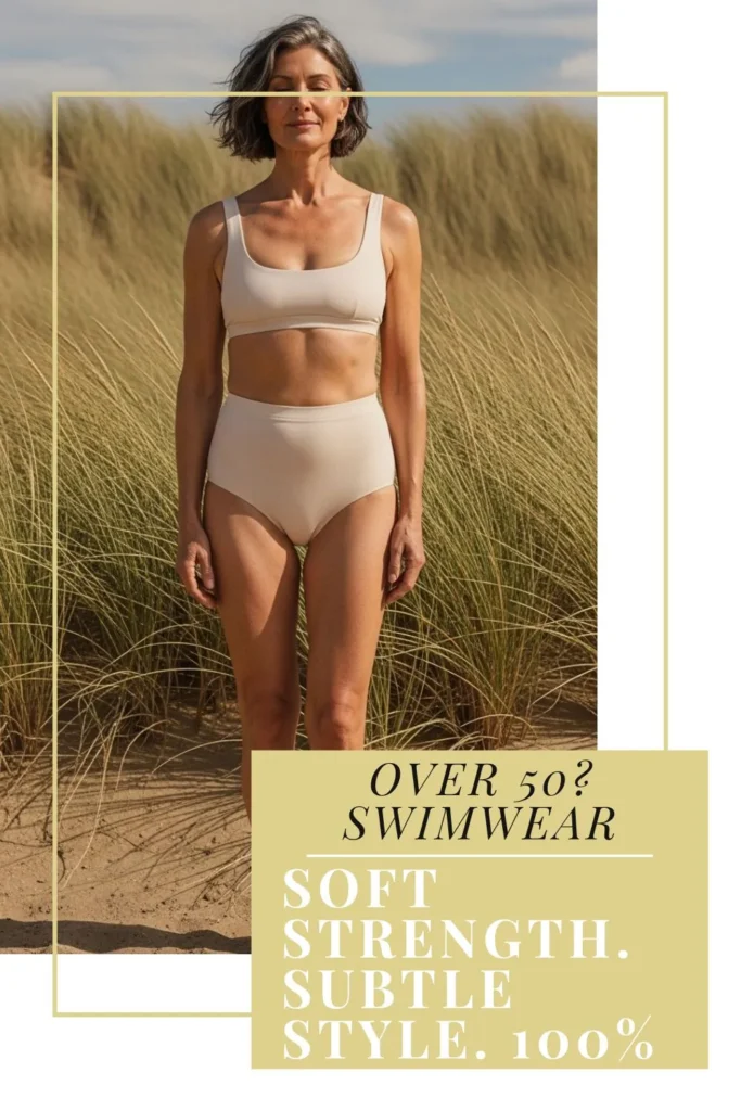 The Best Bikinis for Women Over 40 | Flattering, Confident & Stylish Elegant woman over 50 wearing a minimalist supportive bikini near sand dunes, showing 2025 swimwear style with confidence and grace