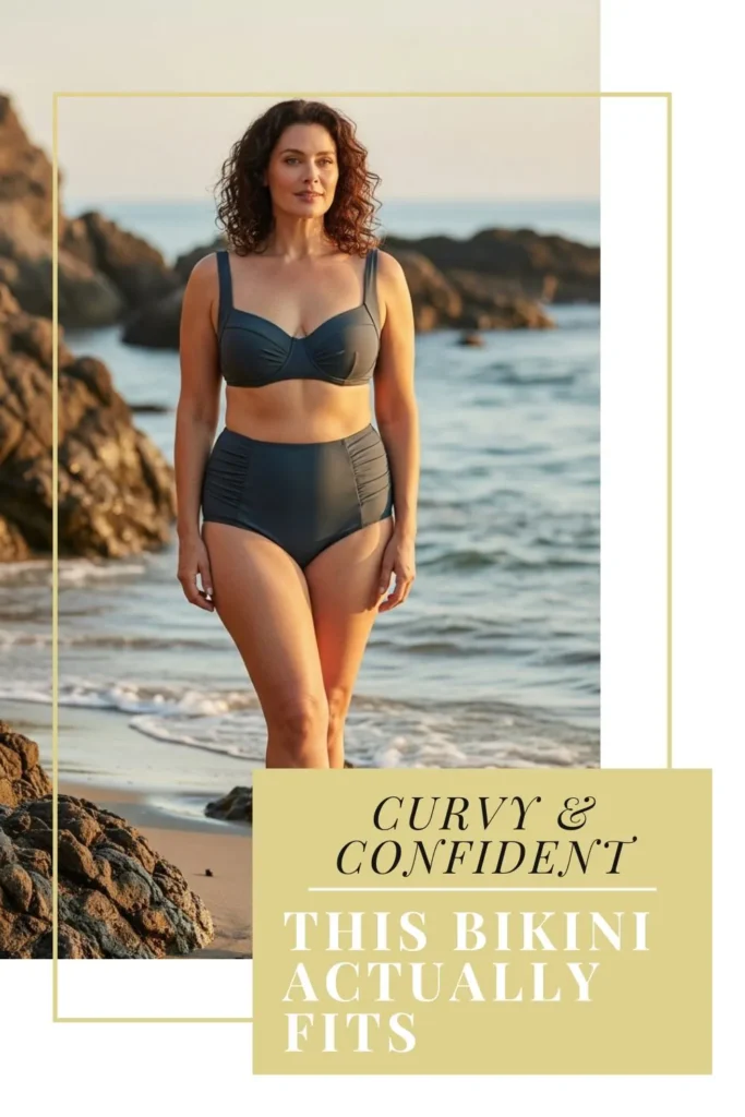 The Best Bikinis for Women Over 40 | Flattering, Confident & Stylish Curvy woman over 40 wearing a high-waisted sweetheart bikini at a rocky beach, showing stylish and supportive swimwear for full figures
