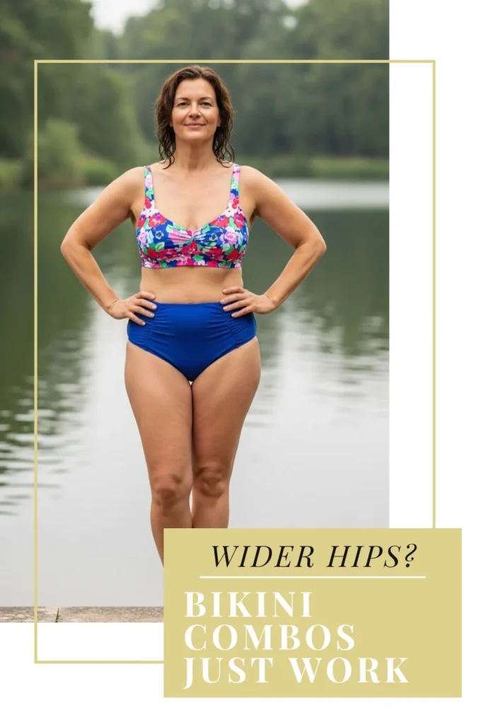 The Best Bikinis for Women Over 40 | Flattering, Confident & Stylish Pear-shaped woman over 40 wearing a printed bikini top with a solid high-cut bottom, showing flattering swimwear for balanced proportions