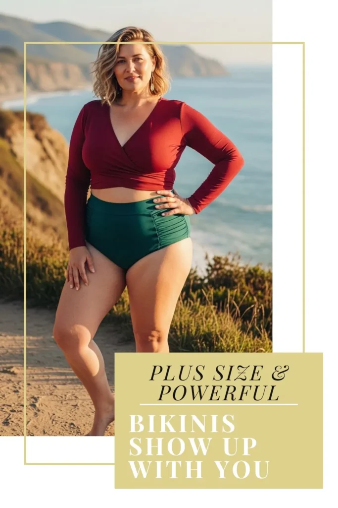 The Best Bikinis for Women Over 40 | Flattering, Confident & Stylish Plus size woman over 40 in a wrap bikini with high-waisted bottoms, standing confidently on a coastal cliffside, showing elegant and supportive swimwear