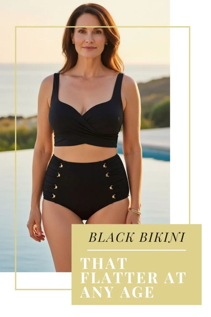 The Best Bikinis for Women Over 40 | Flattering, Confident & Stylish Elegant woman over 40 in a high-waisted black bikini at a luxury resort, showing timeless and refined swimwear style