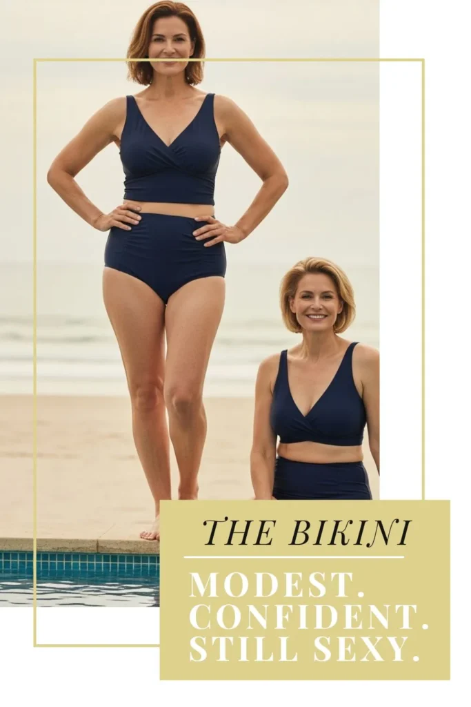 The Best Bikinis for Women Over 40 | Flattering, Confident & Stylish Woman over 40 in a high-waisted bikini with flattering coverage, showing confidence and style without sacrificing comfort