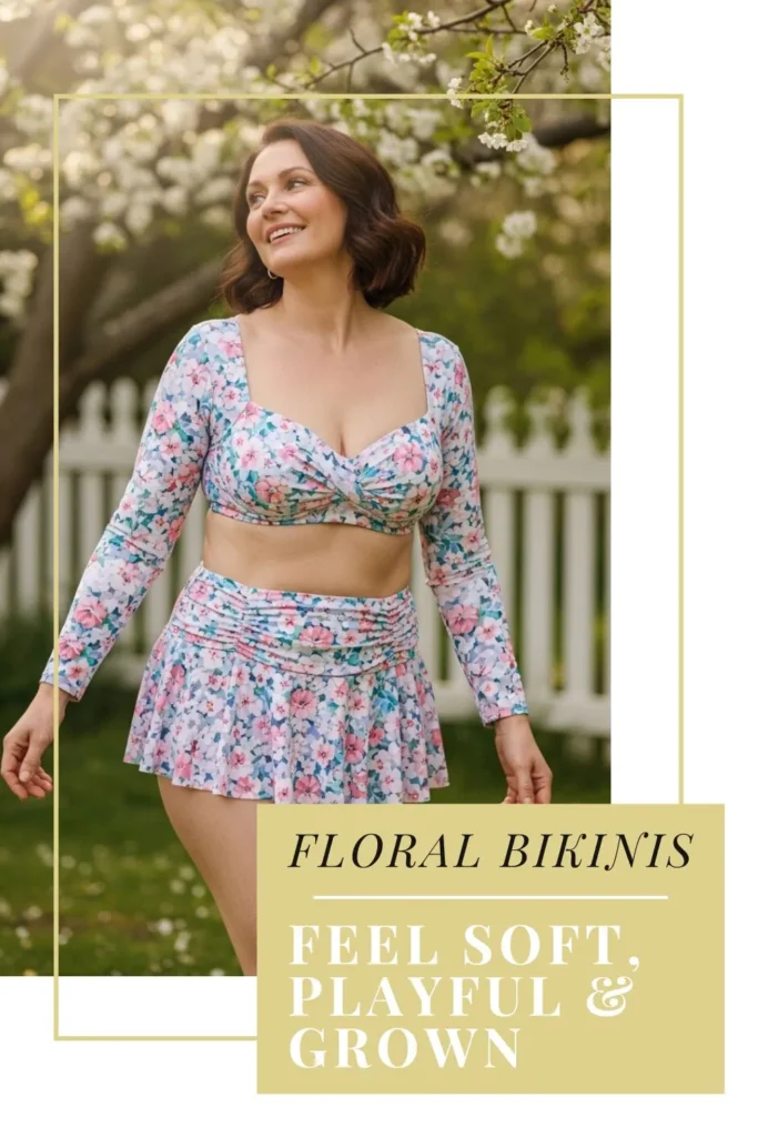 The Best Bikinis for Women Over 40 | Flattering, Confident & Stylish Woman over 40 in a floral print bikini standing in a garden, wearing a sweetheart top and skirted bottom, showing soft feminine swimwear style