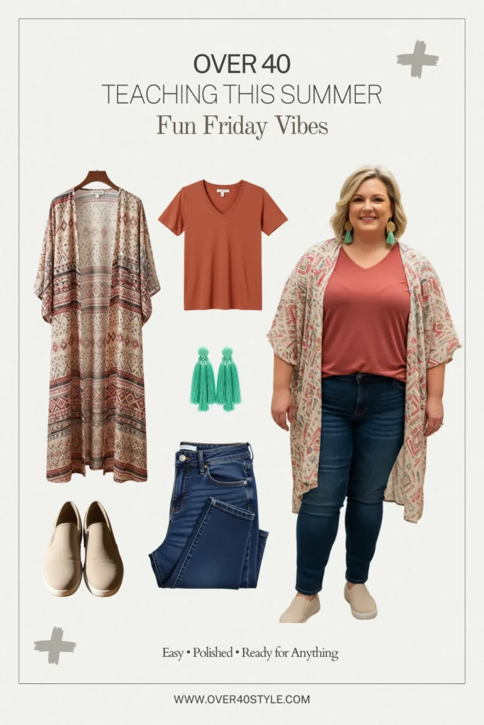 7 Summer Outfits That Work for Plus-Size Teachers Over 40 Friday casual outfit for plus-size teachers over 40 featuring a terracotta soft knit tee, dark-wash stretch jeans, patterned lightweight kimono, beige slip-on sneakers, and bright tassel earrings for a fun and polished end to the week.