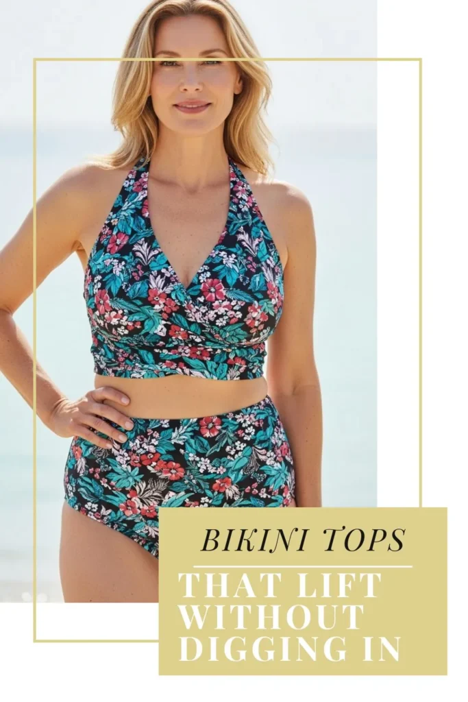 The Best Bikinis for Women Over 40 | Flattering, Confident & Stylish Woman over 40 in a halter bikini top, smiling confidently at the beach, showing flattering and supportive swimwear style for mature women