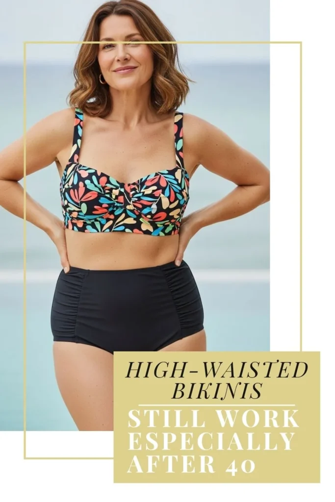 The Best Bikinis for Women Over 40 | Flattering, Confident & Stylish Woman over 40 in a flattering high-waisted bikini, standing confidently at the beach, showing timeless swimwear style for mature women