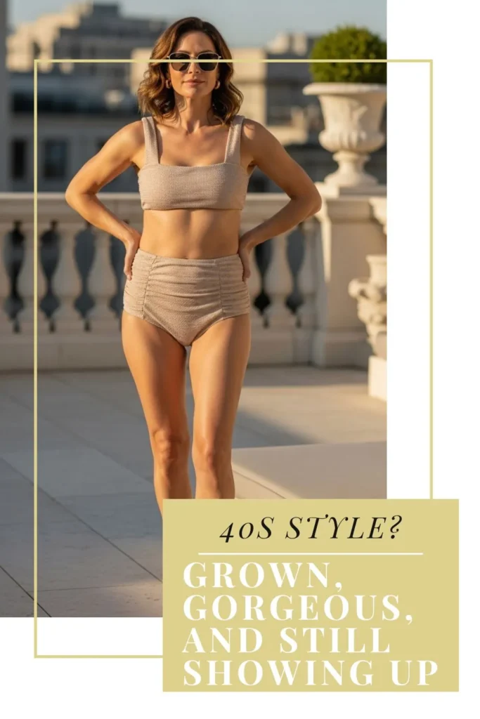 The Best Bikinis for Women Over 40 | Flattering, Confident & Stylish Stylish woman in her 40s wearing a modern ruched bikini at a rooftop pool lounge, showing elegant 2025 swimwear for confidence and comfort