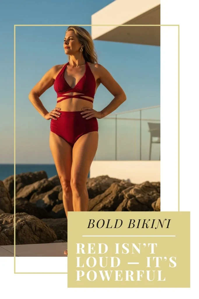 The Best Bikinis for Women Over 40 | Flattering, Confident & Stylish Confident woman over 40 in a red bikini standing near ocean rocks at golden hour, wearing a high-waisted bottom and halter top