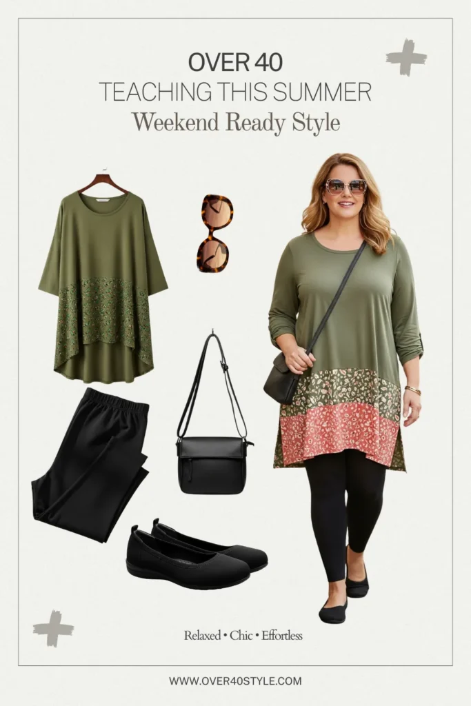 7 Summer Outfits That Work for Plus-Size Teachers Over 40 Saturday weekend outfit for plus-size teachers over 40 featuring olive floral tunic top, black leggings, slip-on flats, crossbody bag, and oversized sunglasses for a relaxed yet chic look.