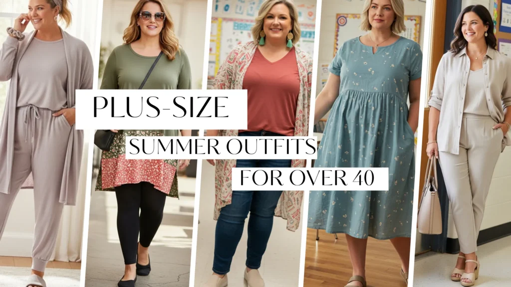 Plus-size teacher over 40 wearing cool and comfortable summer outfit, styled for classroom comfort and confidence.