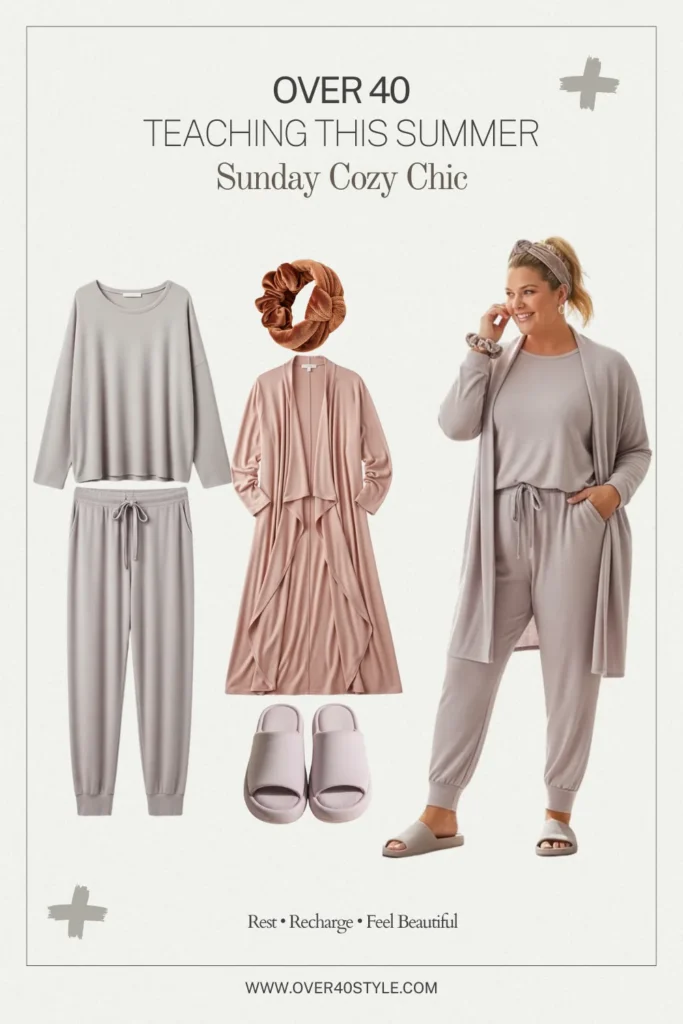 7 Summer Outfits That Work for Plus-Size Teachers Over 40 Sunday cozy outfit for plus-size teachers over 40 featuring a soft lounge set with matching joggers and top, lightweight duster cardigan, cushioned slide slippers, velvet hair accessory, and stud earrings for a restful yet polished look.