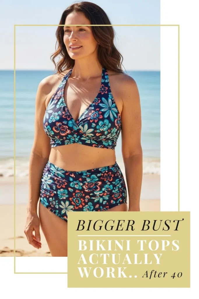 The Best Bikinis for Women Over 40 | Flattering, Confident & Stylish Woman over 40 in a supportive halter bikini top for bigger busts, standing confidently at the beach in flattering swimwear