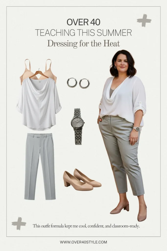 7 Summer Outfits That Work for Plus-Size Teachers Over 40 Wednesday summer outfit breakdown for plus-size teachers over 40 showing white blouse, cropped trousers, breathable cami, nude block heels, silver watch, and hoop earrings, styled for comfort and polish in hot weather.