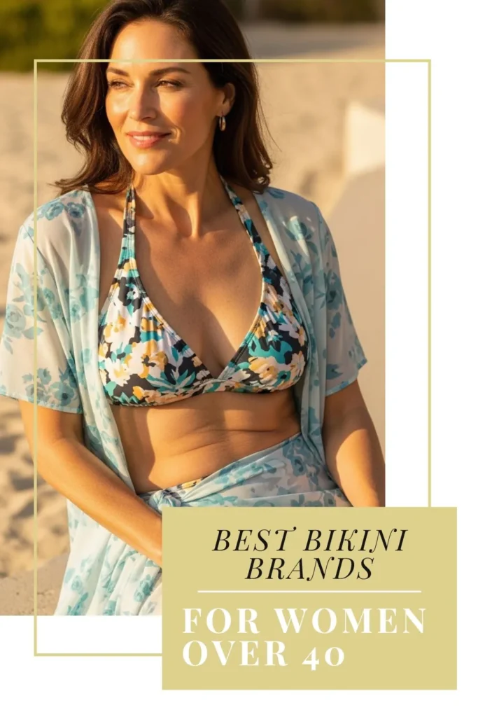 The Best Bikinis for Women Over 40 | Flattering, Confident & Stylish Stylish woman over 40 wearing a bikini from Summersalt or Athleta, relaxing confidently by the pool in flattering swimwear