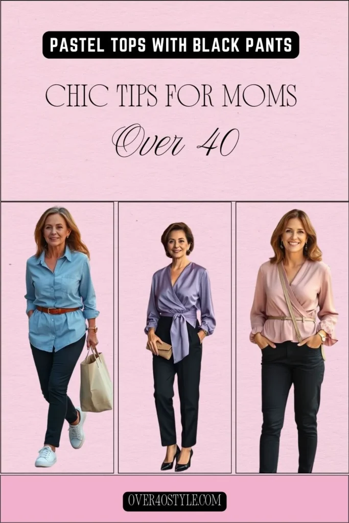 Pastel Tops With Black Pants Softer Outfit Ideas for Moms Over 40