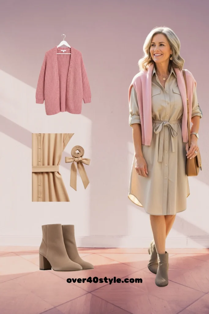 Fall Fashion 2025 for Moms Over 40 – Chic Shirt Dress Outfit Ideas Beige shirt dress layered with blush pink cardigan and styled with taupe ankle boots for soft feminine over 40 outfit.