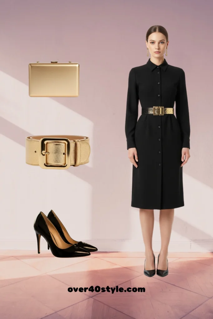 Fall Fashion 2025 for Moms Over 40 – Chic Shirt Dress Outfit Ideas Elegant black shirt dress styled with gold wide belt, gold clutch, and patent black heels for evening over 40 fashion.