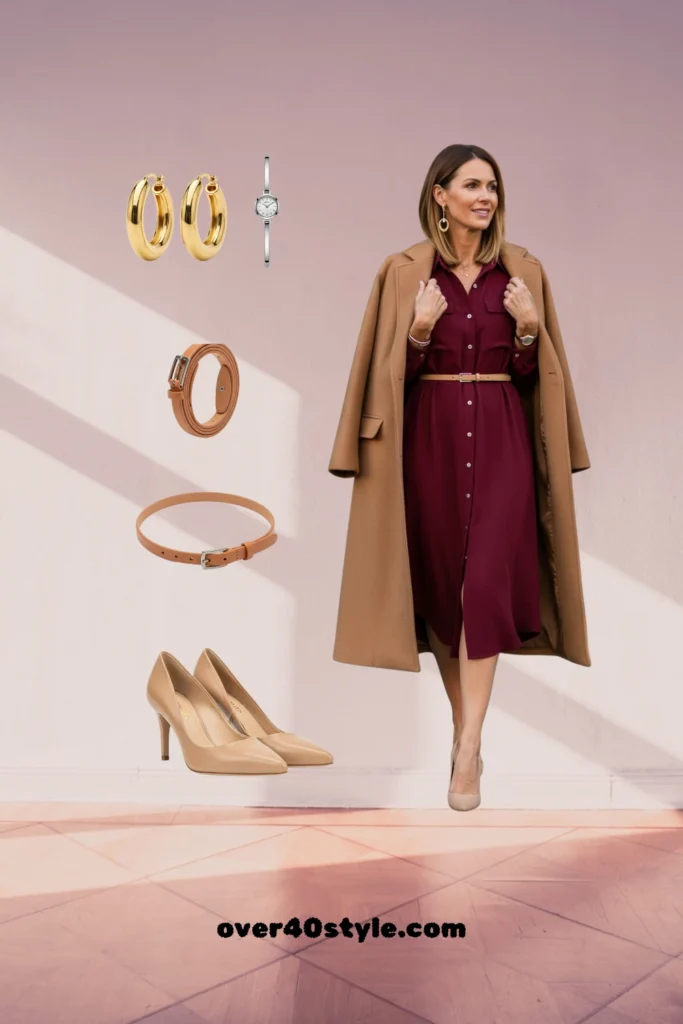 Fall Fashion 2025 for Moms Over 40 – Chic Shirt Dress Outfit Ideas Burgundy shirt dress styled with camel coat, tan belt, gold jewelry, and nude pumps for elegant fashion over 40.