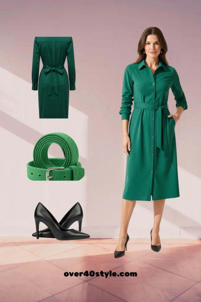 Fall Fashion 2025 for Moms Over 40 – Chic Shirt Dress Outfit Ideas Green shirt dress styled with matching belt and black pointed heels for bold and classy style over 40.