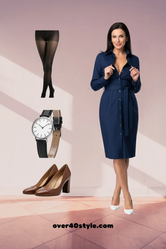 Fall Fashion 2025 for Moms Over 40 – Chic Shirt Dress Outfit Ideas Navy shirt dress paired with sheer black tights, brown heels, and classic watch for polished over 40 outfit.
