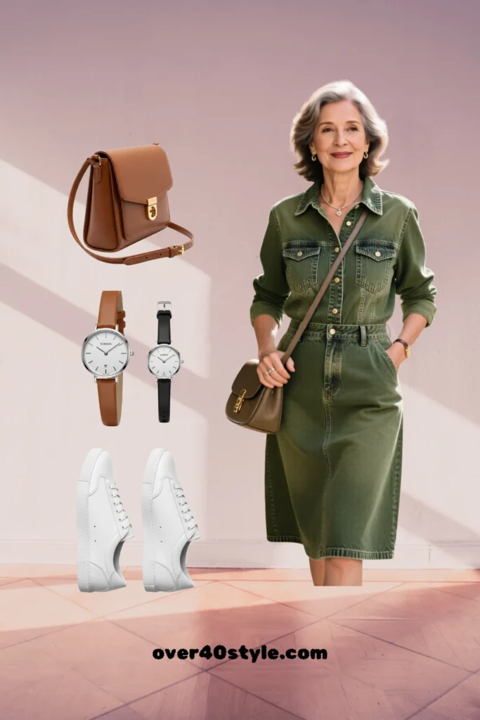 Fall Fashion 2025 for Moms Over 40 – Chic Shirt Dress Outfit Ideas Olive green denim shirt dress styled with brown crossbody bag and white sneakers for casual chic over 40 look.