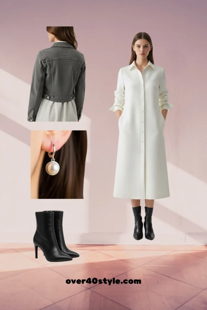 Fall Fashion 2025 for Moms Over 40 – Chic Shirt Dress Outfit Ideas White shirt dress paired with black ankle boots, grey cropped jacket, and pearl drop earrings for classy over 40 style.