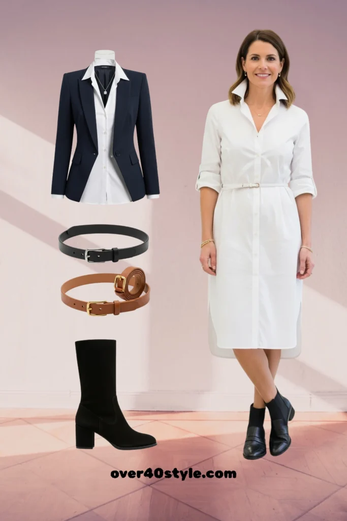 Fall Fashion 2025 for Moms Over 40 – Chic Shirt Dress Outfit Ideas White shirt dress styled with navy blazer, black boots, and slim belt for smart casual fashion for women over 40.
