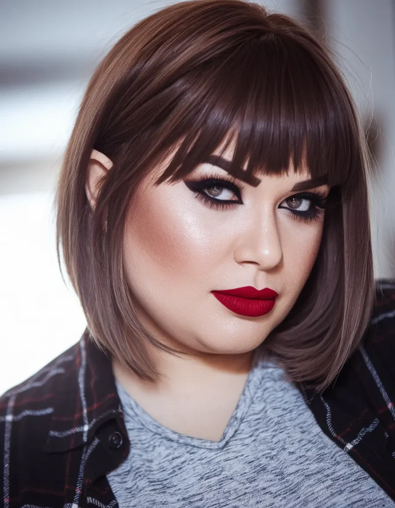 Haircuts for Plus-Size Women Over 40:Blunt Bob with Bangs