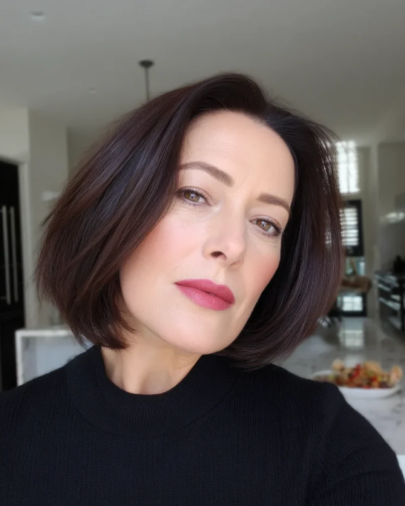 15 Stunning Brunette Hairstyles for Women Over 40 to Try This Season Brunette Hairstyles for Women Over 40:Chic Chin-Length Bob with a Deep Side Part