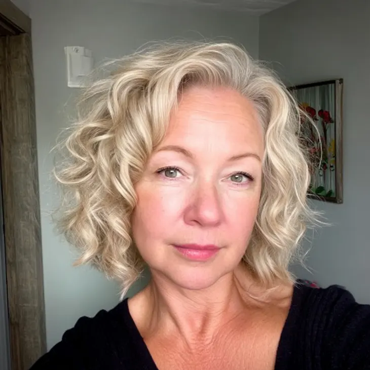 Blonde Curly Hairstyles for Women Over 40:Curly Bob with Soft Waves