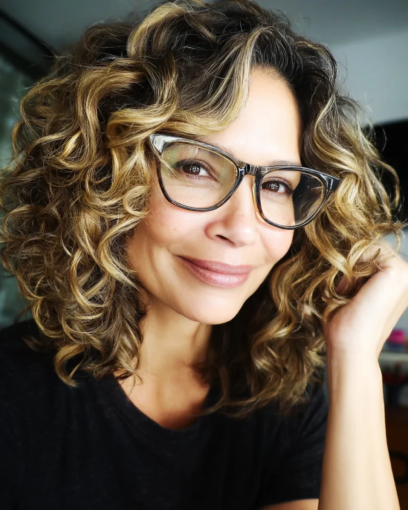 Best Hairstyles for Women Over 40 With Glasses That Are Anything but Boring Curly Shag with Honey Highlights