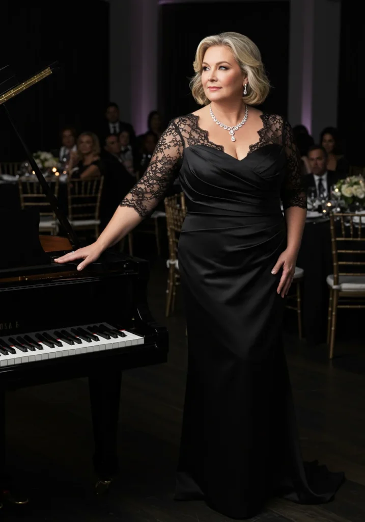 Elegant black net-sleeve plus-size mother of the bride wedding dress