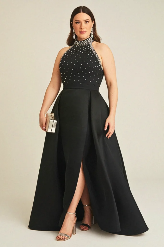 black evening dresses plus size:Empire Waist Crystal-Embellished Black