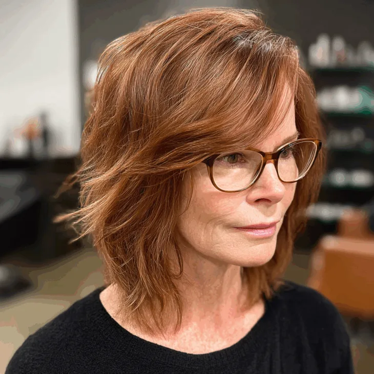 Best Hairstyles for Women Over 40 With Glasses That Are Anything but Boring Feathered Copper Layers with Side Bangs