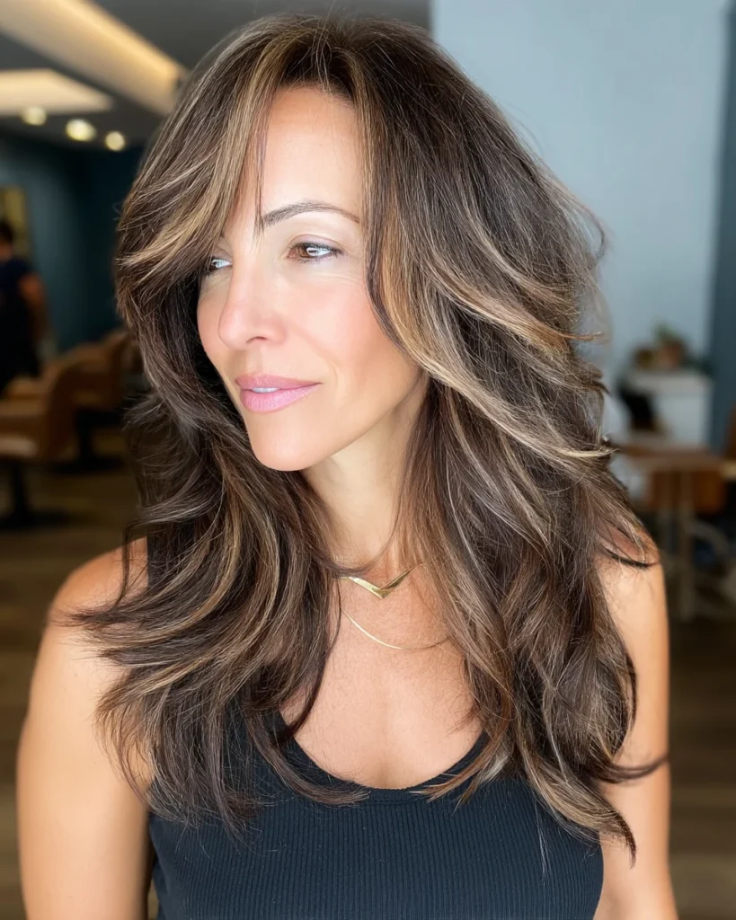 15 Stunning Brunette Hairstyles for Women Over 40 to Try This Season Brunette Hairstyles for Women Over 40:Feathered Layers with Caramel Ribbons