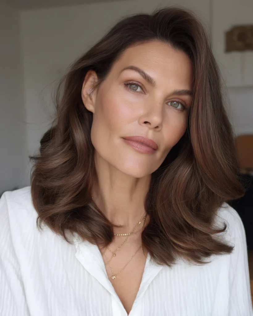 15 Stunning Brunette Hairstyles for Women Over 40 to Try This Season Brunette Hairstyles for Women Over 40:Full, Glossy Curls with a Side Sweep