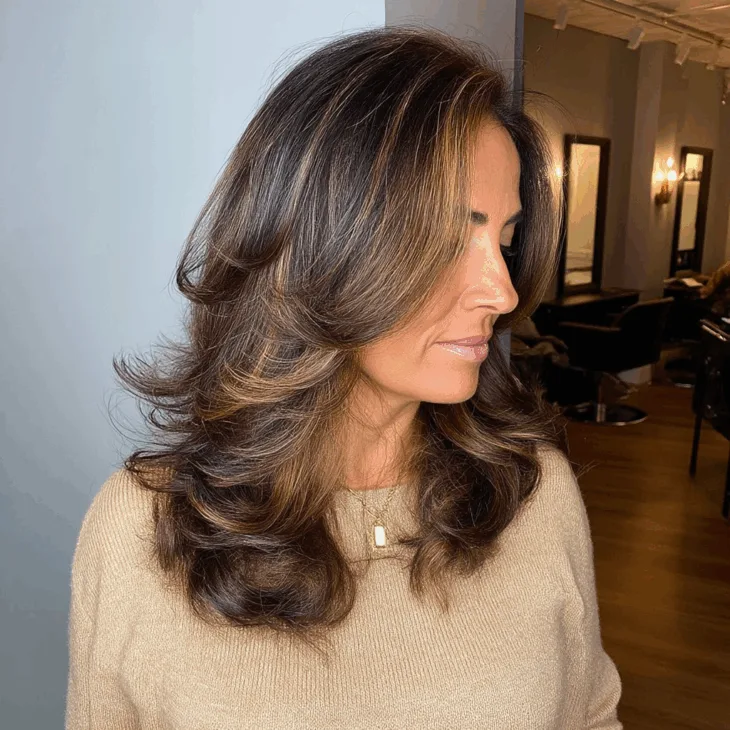 15 Stunning Brunette Hairstyles for Women Over 40 to Try This Season Glamorous Blowout with Honey Highlights