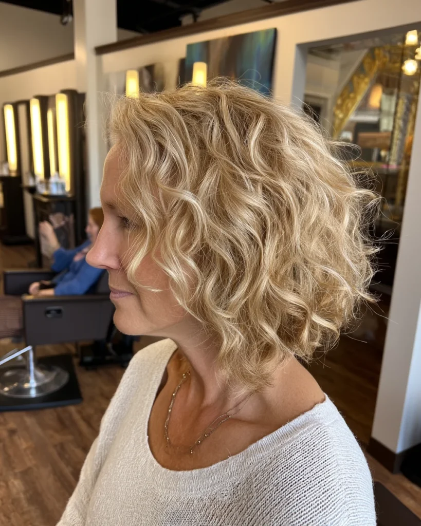 Blonde Curly Hairstyles for Women Over 40:Golden Blonde with Undone Texture